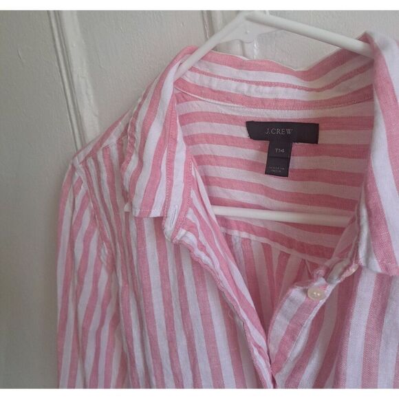 J Crew Womens LARGE TALL FIT 100% Linen Shirt Pink White Stripe Button LAGENLOOK - Picture 5 of 10